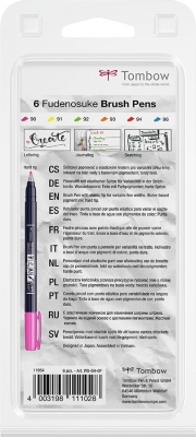 Markere caligrafice Fudenosuke Hard, 6 culori/set, Tombow